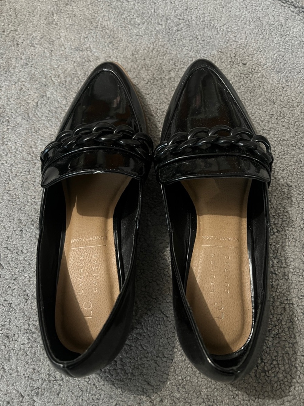 LC Lauren Conrad Black Patent Loafers with Chain Trim